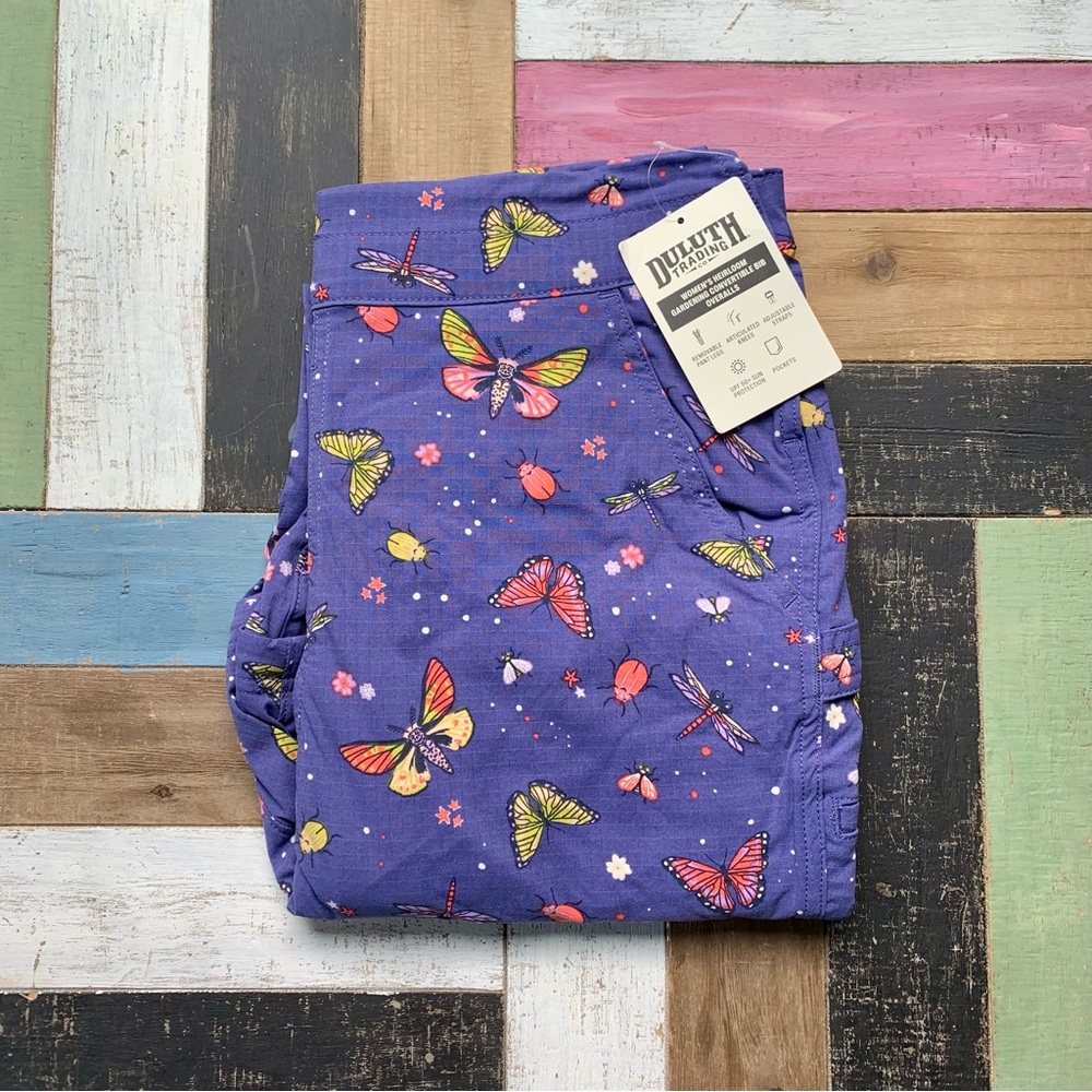 NWT Duluth Small Heirloom Gardening Convertible Bib Overalls Indigo Backyard Bug - Picture 2 of 11